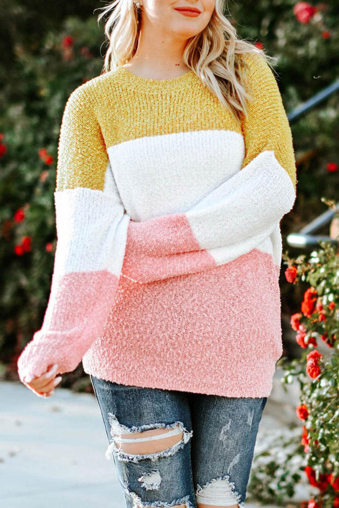 Plus Size Color Block Round Neck Sweater - Fidoming