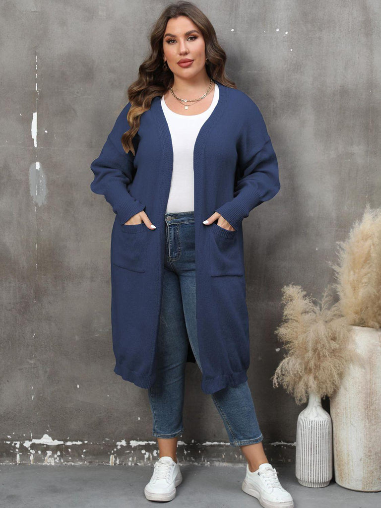 Plus Size Long Sleeve Pocketed Cardigan - Fidoming
